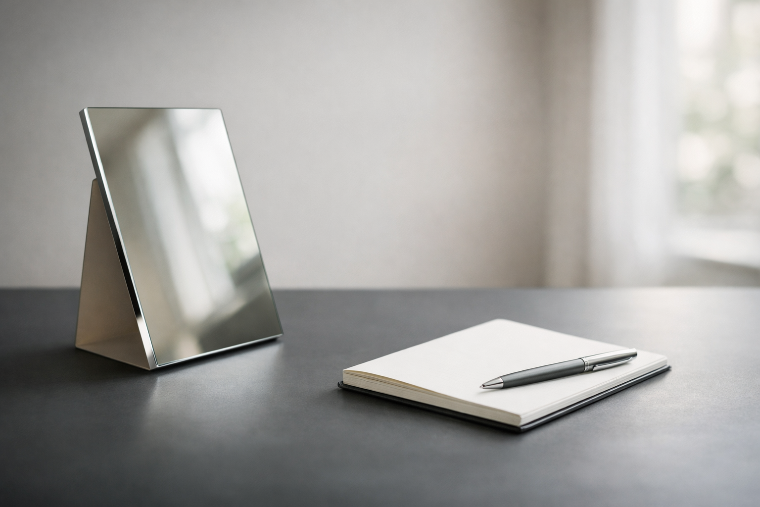 Minimal professional desk with a reflective mirror symbolizing the Clarity Mirror method for better content strategy