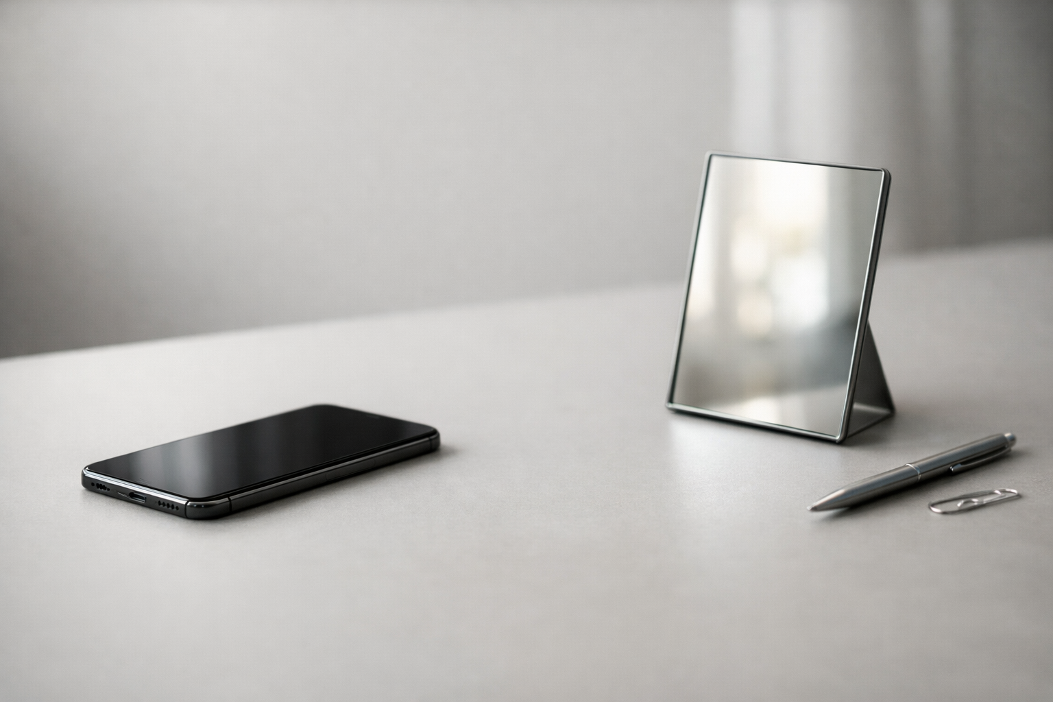 Minimal office desk with smartphone and small mirror symbolizing the Clarity Mirror content method