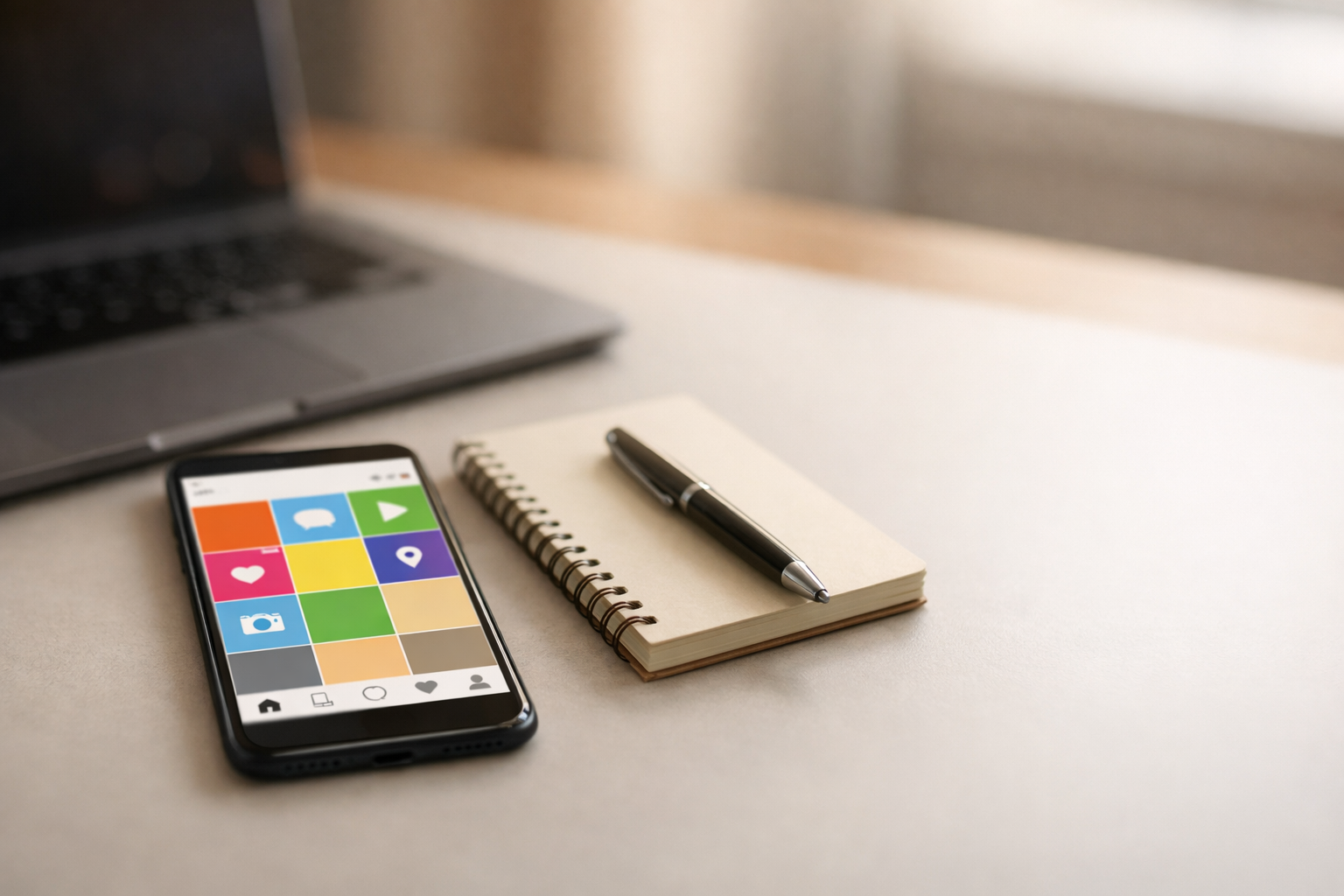 Minimalist workspace with smartphone and notebook representing an Instagram authority strategy for local businesses