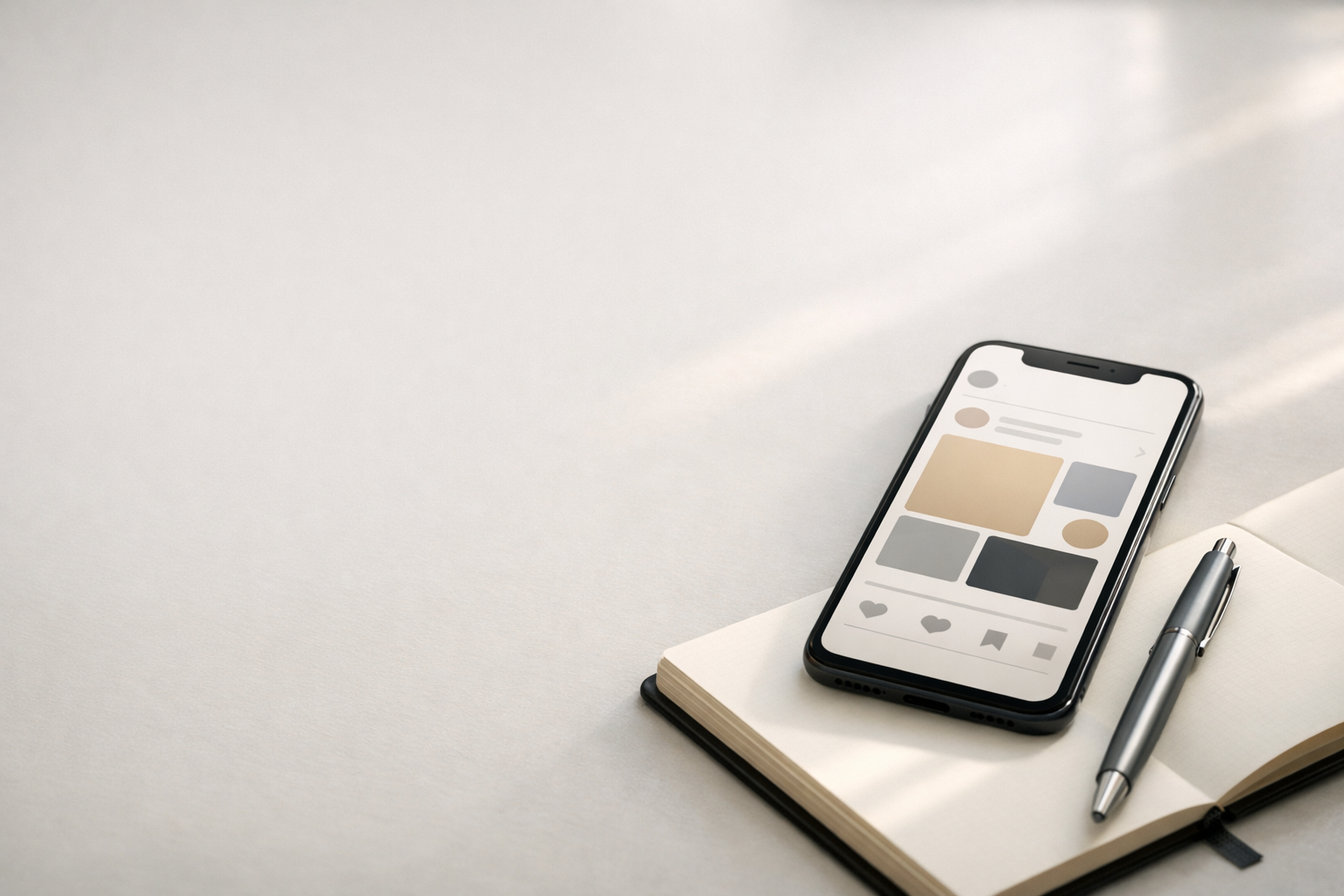 Minimalist professional desk with smartphone and notebook representing an Instagram credibility engine strategy