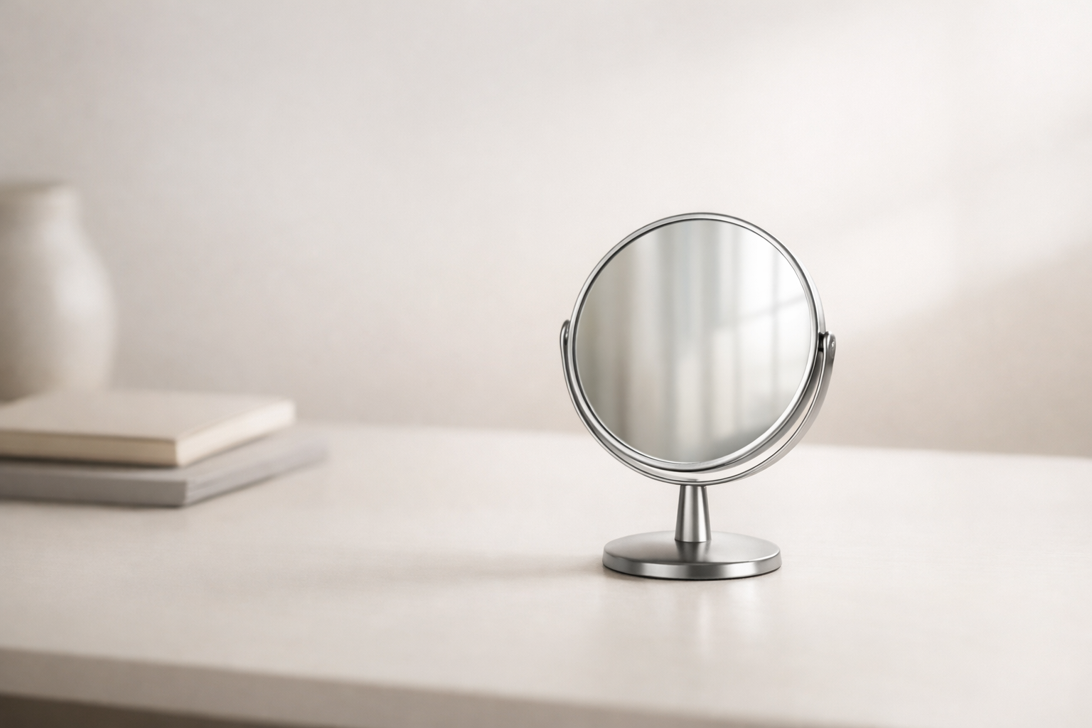 A minimalist desk scene with a small mirror reflecting soft light, representing clarity in content strategy.