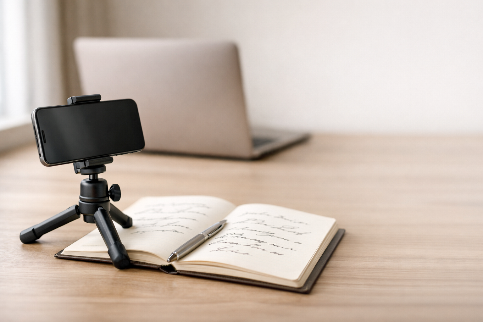 Smartphone on tripod beside a notebook and laptop on a clean desk, representing Reel script planning for qualified inquiries.