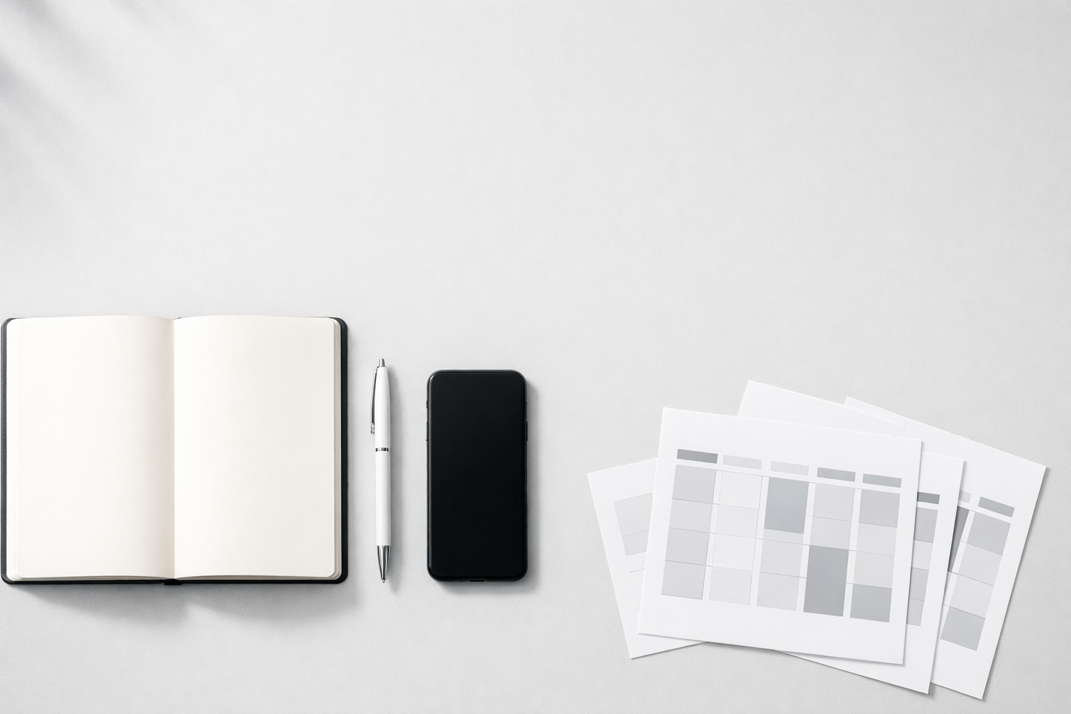 Minimal desk setup with notebook and smartphone representing a social media content pillar strategy for service businesses
