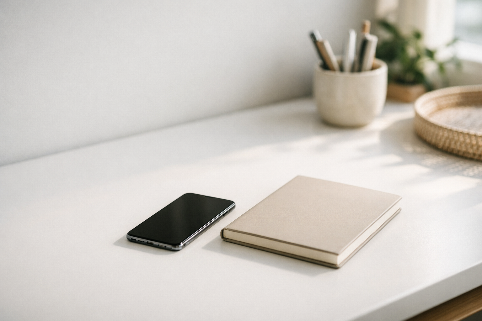 Minimalist desk scene with smartphone and notebook representing a strategic social media content plan